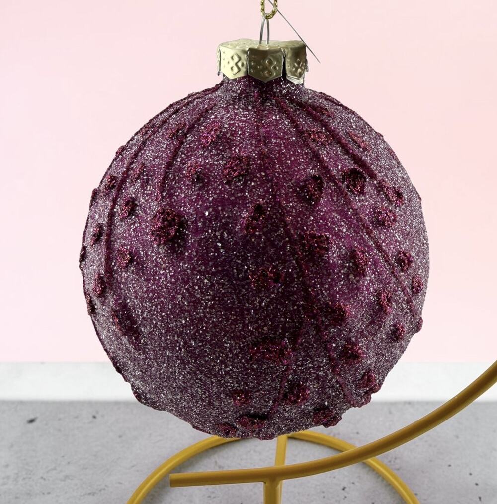 Mauve Purple Giltter Glass Ornament 4" Raised Relief NWT Dillards Hand Made
